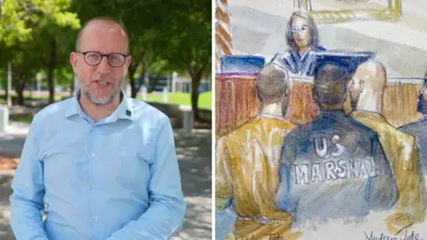 On the left, a man in a blue shirt; on the right, a court drawing with two men wearing dark yellow prison suits.