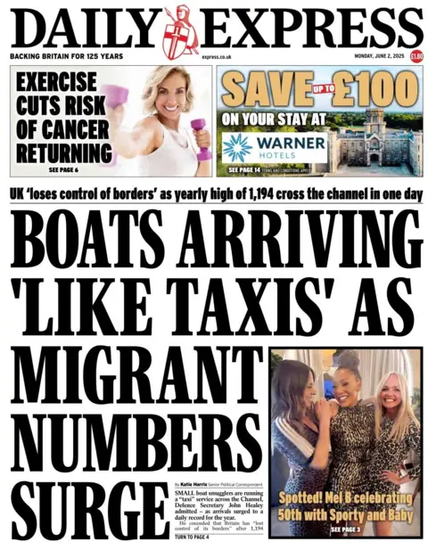 The front page of the Daily Express shows the Spice Girls hugging with the headline: Spotted! Mel B celebrating 50th with Sporty and Baby. A larger headline reads: Boats arriving 'like taxis' as migrant numbers surge.