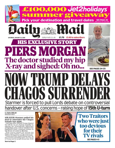 "Now Trump delays Chagos surrender" reads the headline on the front page of the Daily Mail.