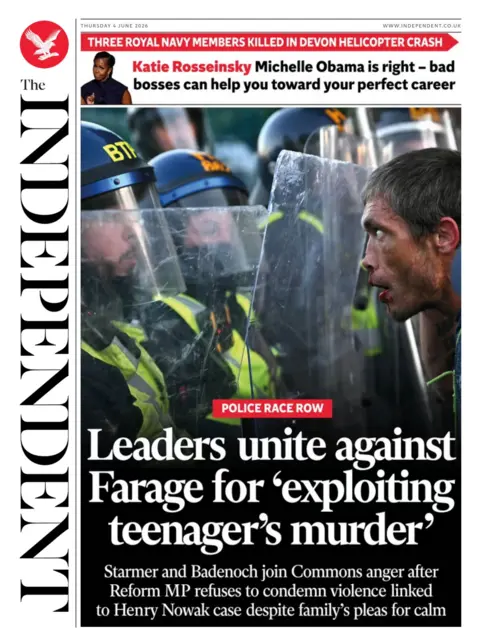The headline on the front page of the Independent reads: "Leaders unite against Farage for exploiting teenager's murder."