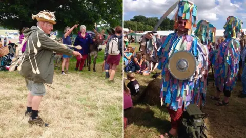 The image on the left is of a man in shorts with wooden spoons attached to his coat. The image on the right is of a man in a brightly coloured tassled costume holding a small round shield, with similarly dressed people behind him.