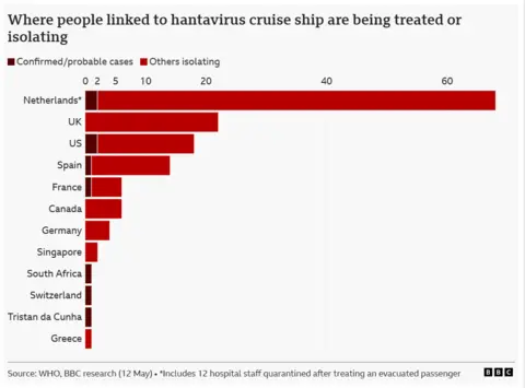 Graph showing where people linked to the hantavirus cruise ship are being treated or isolating. Countries shown: Netherlands, UK, US, Spain, France, Canada, Germany, Singapore, South Africa, Switzerland, Tristan da Cunha, Greece.