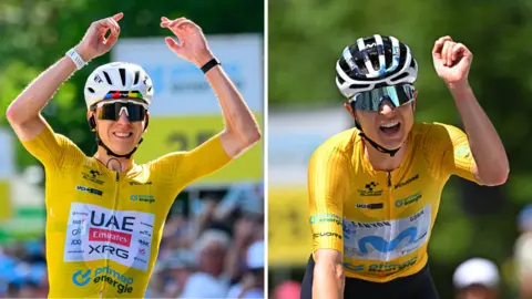 Split image of race leaders Tadej Pogacar and Marlen Reusser winning the final stage of their respective Tour de Suisse races in 2026 