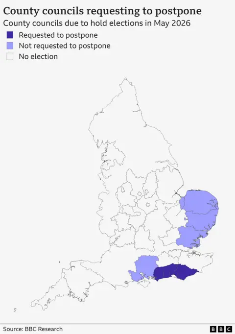 A map of county councils that have requested to postpone their elections to May 2026. The map also includes those who turned down the opportunity and also includes areas where elections are being held normally. At this stage there are two authorities who are requesting an adjournment and four who have not requested an adjournment