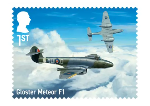 Royal Mail The stamp is labelled Gloster Meteor F1, with serrated edges, the King's head silhouette and a "1st Class" indicator. Stylised colour picture of a fighter jet in the sky, with another turning by its side, both in RAF livery