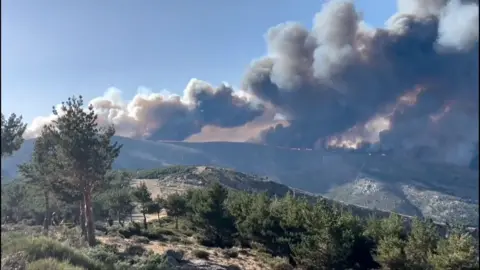 Thick smoke rises above a forest fire in Spain