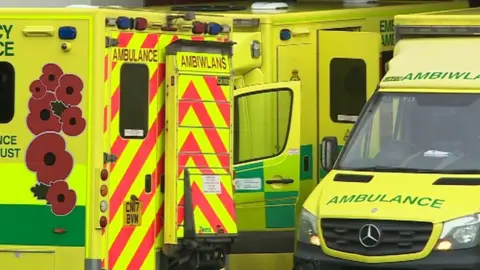 BBC Ambulances outside Bronglais Hospital in Aberystwyth earlier this week