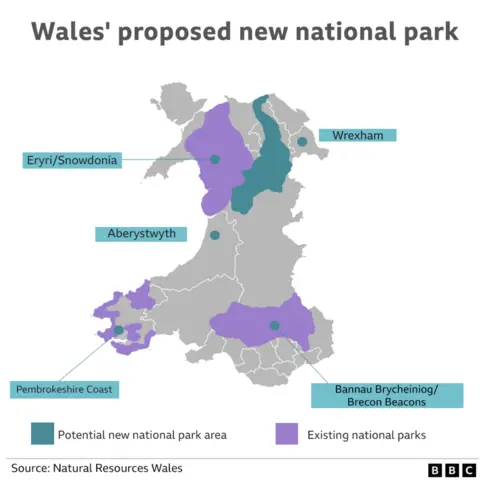 Map showing the proposed national park alongside the three existing national parks in Wales.
