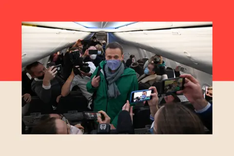 Getty Images Russian opposition leader Alexei Navalny walks to take his seat in a Pobeda airlines plane heading to Moscow