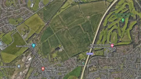 A map image showing the land north east of Springwell village, where the farm would be based. It is surrounded by Gateshead's Black Hill village to the west and George Washington Golf Course to the east. 