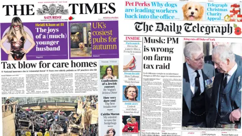 Front pages of the times and Daily Telegraph for 2 November 2024