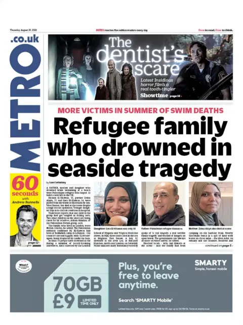 The headline on the front page of the Metro reads: "Refugee family who drowned in seaside tragedy."