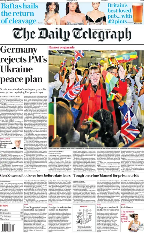 Telegraph's headline reads: Germany rejected PM's Ukraine Peace Plan