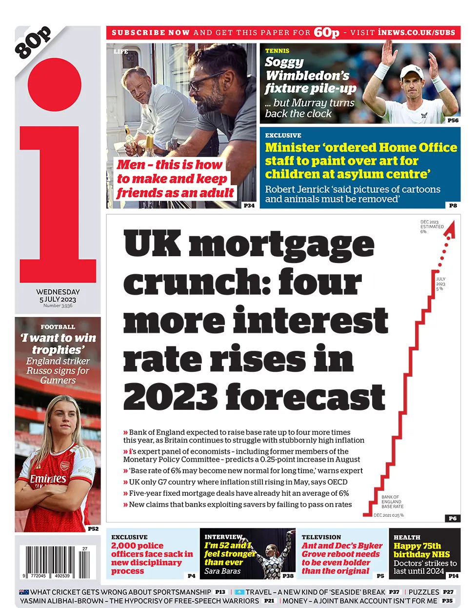 The headline on the front page of the i newspaper reads: "UK mortgage crunch: four more interest rate rises in 2023 forecast"