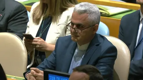 UN / EVN Iran's envoy raises an eyebrow during Mr Trump's speech