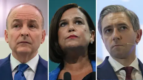 Getty Images Pictured from left to right, all pictured from the shoulders up, are Micheál Martin, Mary Lou McDonald and Simon Harris 