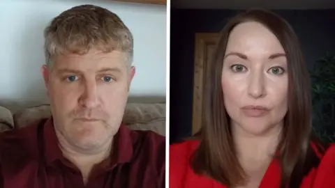 Bryson Family A composite image showing a man with short blonde hair, sat on a brown sofa, wearing a burgundy tshirt. The other image is of a woman with long brown hair, wearing a red top. Both people have neutral expressions.