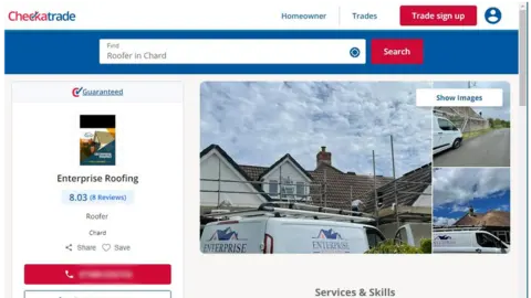 Screengrab showing the convicted traders company still active on the Checkatrade website