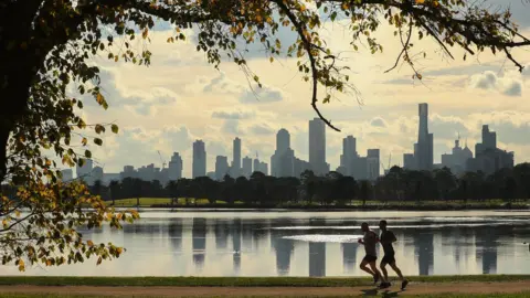 Getty Images View of Melbourne skyline from Albert Park lake