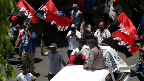 Reuters Supporters of Nicaragua's President Daniel Ortega hold flags of the Sandinista National Liberation Front (FSLN) in a march in Managua, Nicaragua July 28, 2018.