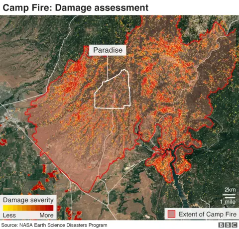 BBC Map showing extent of damage in Paradise and surrounding area