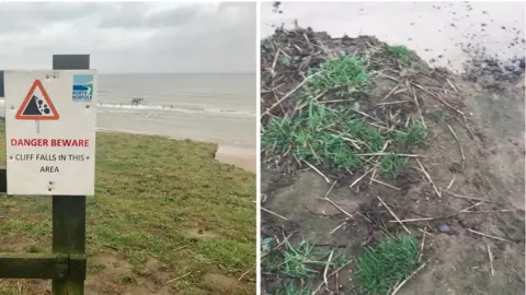 A sign on the Norfolk cliffs and a snapshot of a large crack in the hill