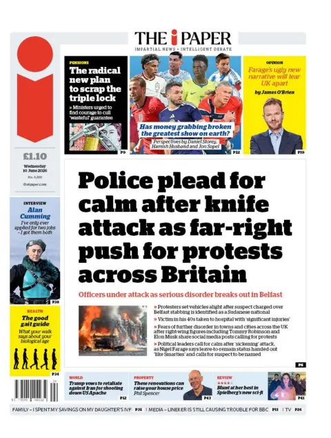 The headline on the front page of the i Paper reads: "Police plead for calm after knife attack as far-right push for protests across Britain."