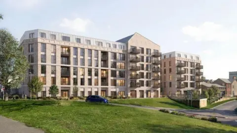 POD Architects A computer generated image of a block of flats. There is a green lawn in front of it, and a car driving past it.