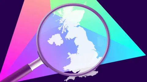 A graphic showing a magnifying glass looking at a map of the United Kingdom. In the background is a multicoloured triangle.