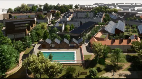 Mayday Saxonvale An artist's impression of the plans put together by Mayday Saxonvale. The image includes housing and a lido.