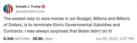 Truth Social Trump posts on Truth Social and threatens to axe government contracts with Musk's companies
