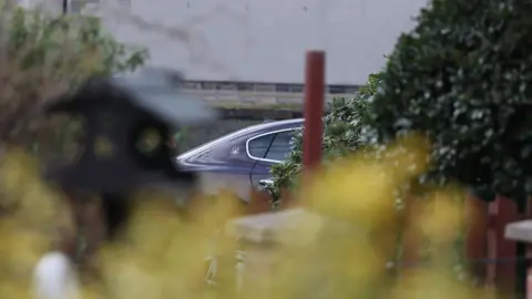 A dark red car with a badge on its side, shot through a bush