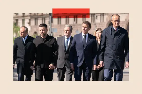 WPA Pool/Getty Images (left to right) Poland's Prime Minister Donald Tusk, Ukrainian President Volodymyr Zelensky, British Prime Minister Sir Keir Starmer, French President Emmanuel Macron, Ukrainian President Volodymyr Zelensky's wife Olena Zelenska and German Chancellor Friedrich Merz in Maidan Square in Kyiv 