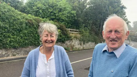 A woman with grey hair and glasses, wearing a blue cardigan and white shirt. To her right is a man with white hair. He is wearing a blue jumper with a blue and white striped shirt underneath. They are standing in front of a road, and in the background is a very narrow pavement next to a wall.