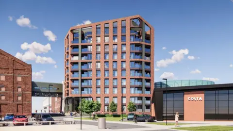 Rokeby Merchant Developments Ltd/Gloucester City Council A computer generated image of what the development could look like. It is a 10 storey tower block with red bricks and lots of windows, set back inside a large metal framework, with a floating bridge connecting it to a large red brick building on the left. 