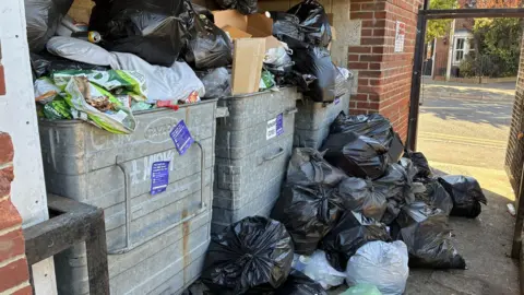 black bags of rubbish piled high outside blocks of flats