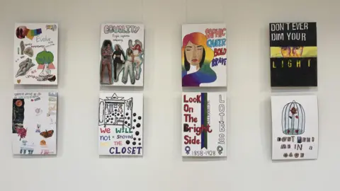 A4 size posters drawn by 13-year-old school pupils on the walls of the Sunday School