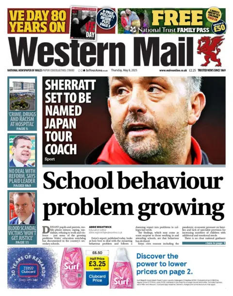 Western Mail Western Mail front page, with a main headline reading "School behaviour problem growing". It also has a picture of rugby coach Matt Sherratt, with the headline "Sherratt set to be named Japan tour coach" 