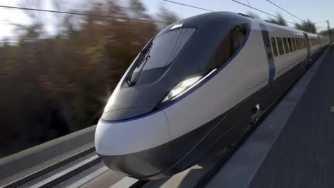 An artists impression of a train running on the High Speed Two railway line. The trains is blue and white and is moving quickly, with overhead electric wires above.