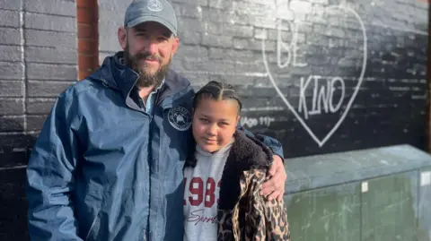 Man wearing a blue coat and cap with his arm around a young girl wearing a leopard print jacket, both are stood in front of a black wall with white writing on it. It is a sunny day