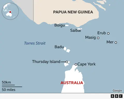 A map shows the location of The Torres Strait Islands. They are inbetween far-north Queensland - shown on the bottom of the map- and Papua New Guinea, which is at the top of the map. The map shows Thursday Island which is the capital of the Torres Strait islands as well as a few more like Badu, Masig, Erub, Mer, Saibai and Boigu.