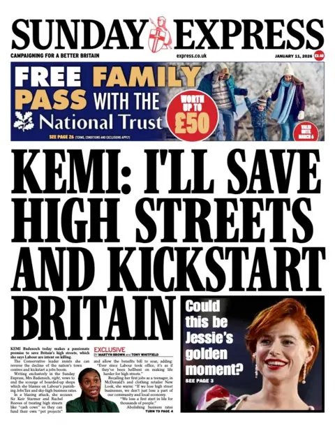 The headline on the front page of the Express reads: "Kemi: I'll save high streets and kickstart Britain".