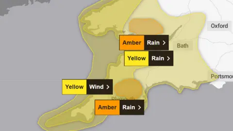 Met Office A map showing the amber and yellow weather warnings across Devon and Cornwall. 