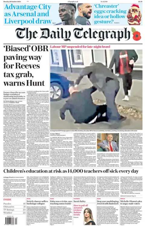 The main headline on the front page of the Daily Telegraph reads: "'Biased' OBR paving way for Reeves tax grab, warns Hunt"