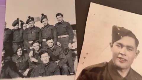 Some faded photos of soldiers during World War Two. On the right there is a photo of a singular man (Norman Butt) and on the left there is a group of soldiers. 