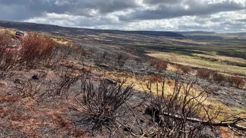 Charred moorland above Higher Swineshaw reservoir in Stalybridge