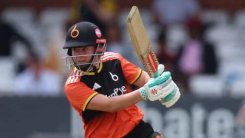 Kathryn Bryce of The Blaze bats during the Charlotte Edwards Cup Semi Final match between The Blaze and Central Sparks at The County Ground on June 22, 2024 in Derby, England.