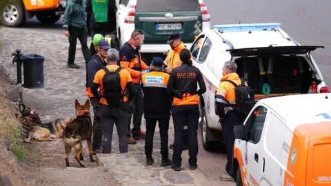 PA media Search and rescue workers in hi-vis clothing gather next to vehicles with two Alsatian dogs beside them