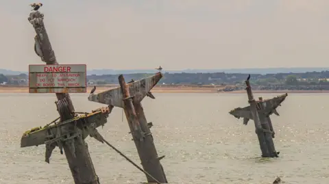Getty Images Three weathered masts from the SS Richard Montgomery rise from the water in the Thames Estuary. A warning sign attached to one mast reads: "Danger Unexploded Ammunition Do Not Approach Or Board This Wreck". Several seabirds are perched on the structures, with shoreline and buildings visible in the distance, in the photograph from 1 Aug 2022.