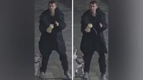 Two images of a man in a black coat, holding something in his hand and with a dog at his foot